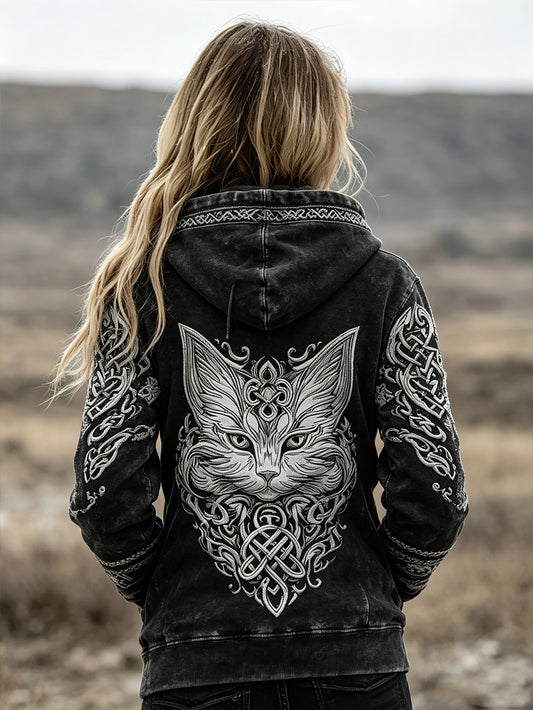 Damernas avslappnade huvtröja i retrovikingastil med kattmönster och dragkedja