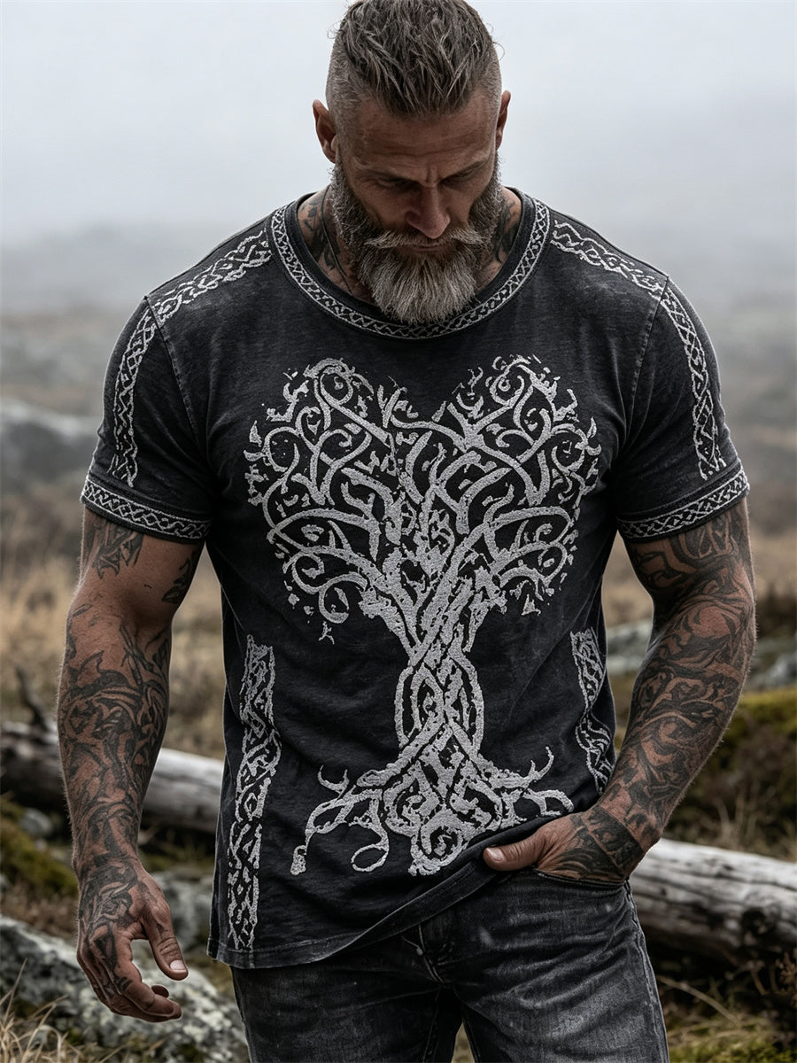 Mansvintage t-shirt med vikingatema, livets träd och keltiskt knutmönster, korta ärmarna