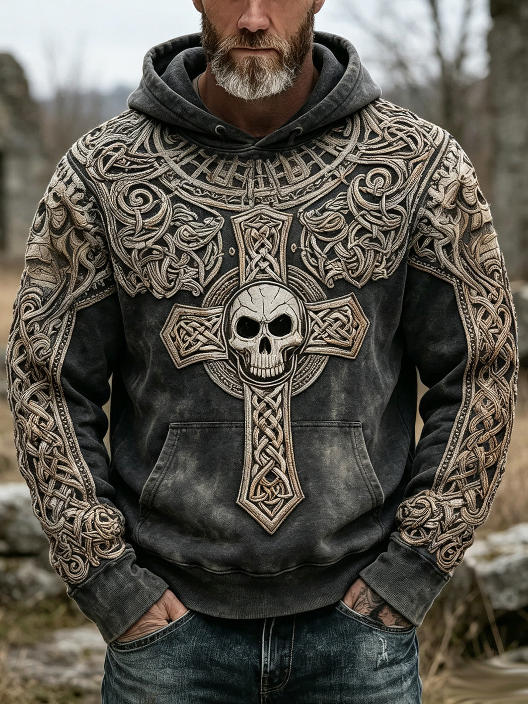 Manslig retrovikingisk mönstrad casual-huudie med keltiskt knutmotiv