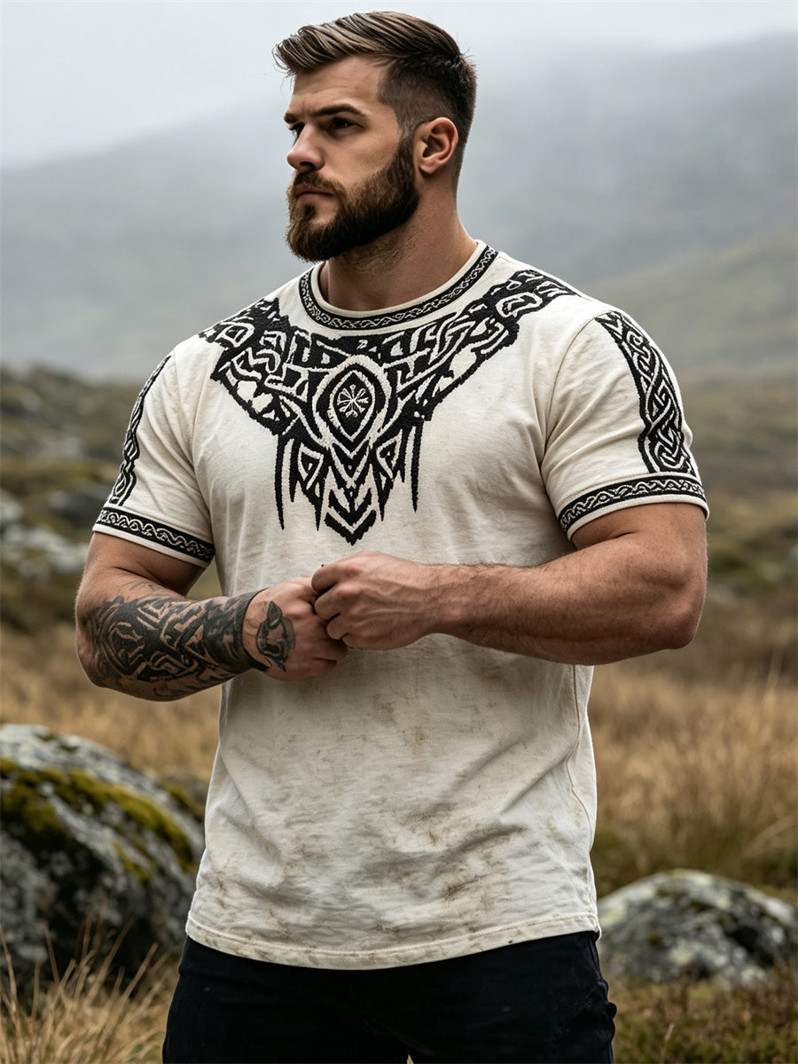 Mansvintage-T-shirt med korta ärmar, mönstrad med vegvisir och keltiskt knutmotiv