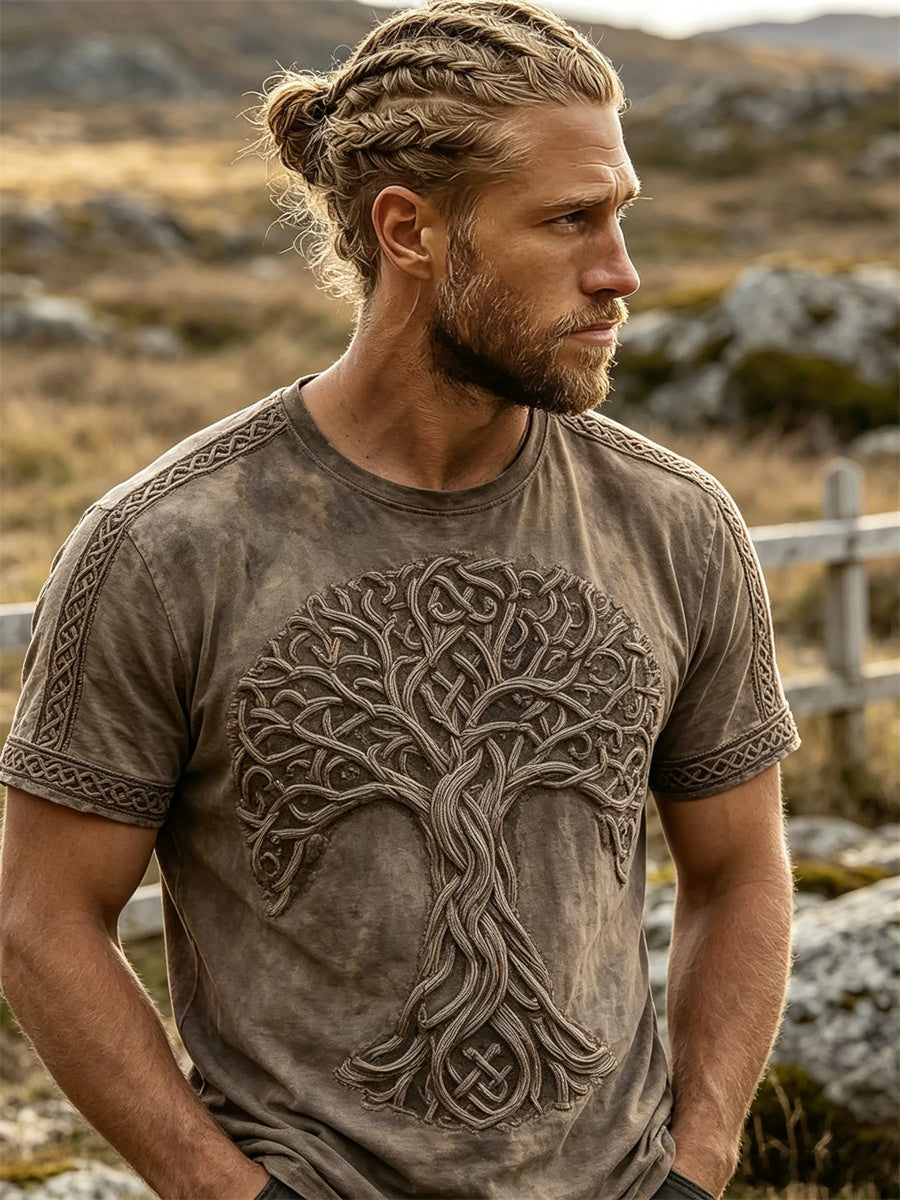 Mansvintage t-shirt med vikingatema, livets träd och keltiskt knutmönster, korta ärmarna