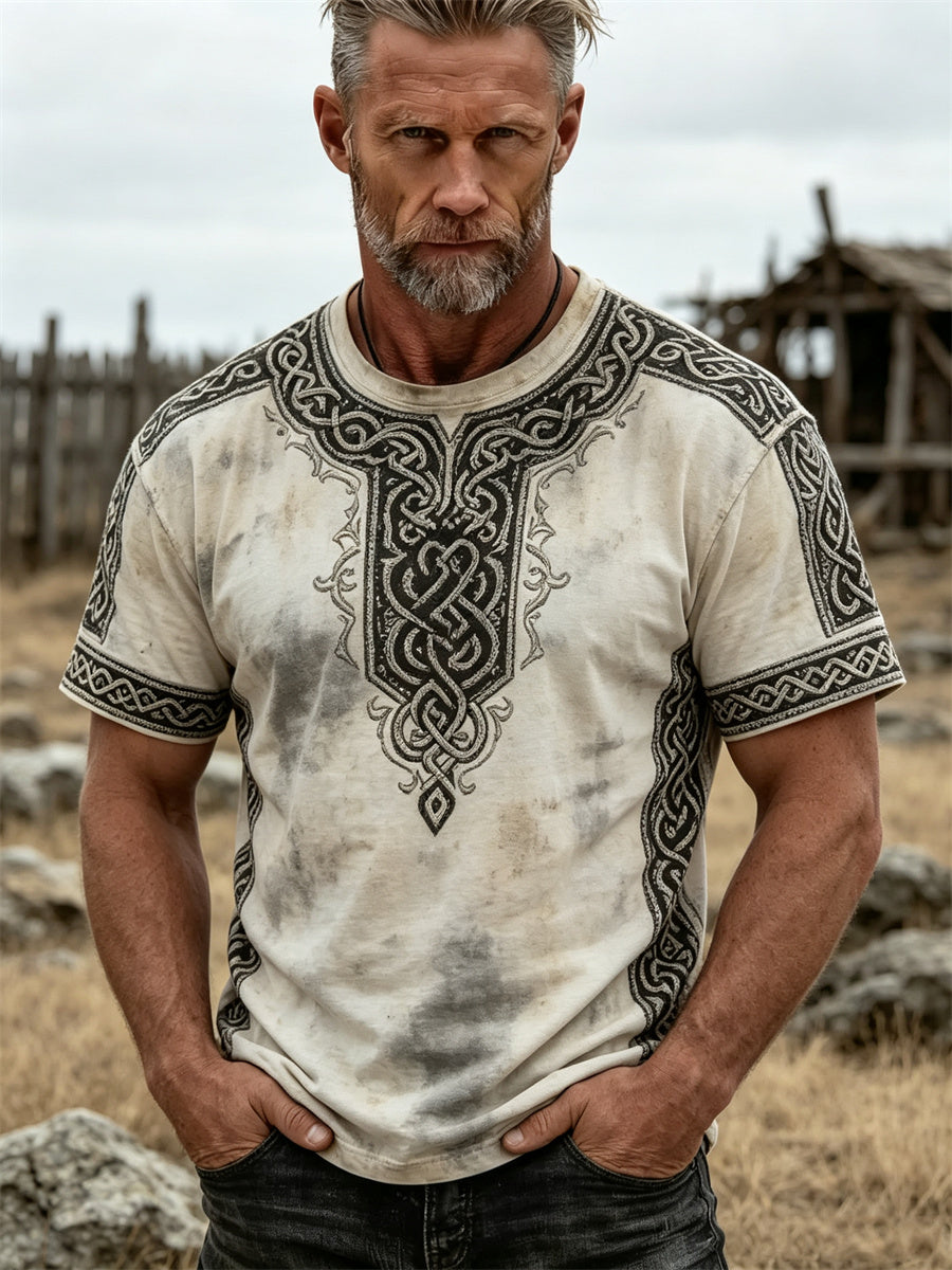 Mansvintage t-shirt med korta ärmarna och tryck av vikingarnas keltiska knut