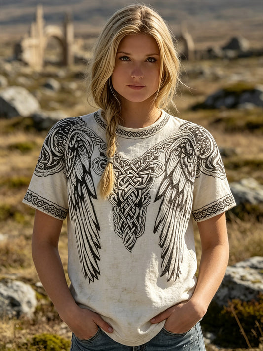 Vintage-vikingskjorta för kvinnor med vingar och keltiskt knutmotiv, kortärmad t-shirt
