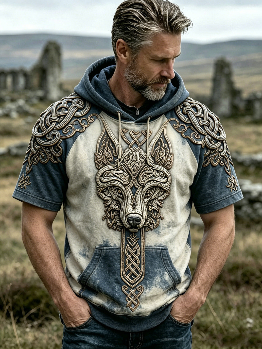 Herrlig retro-vikingahuvtröja med vargansiktsmönster, tryckt på casual kortärmad huvtröja