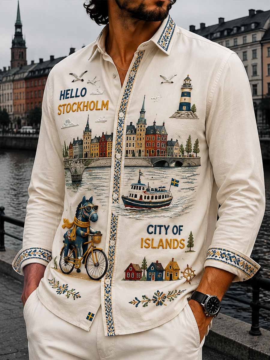 Herrskjorta i retrostil med Stockholmsmönster