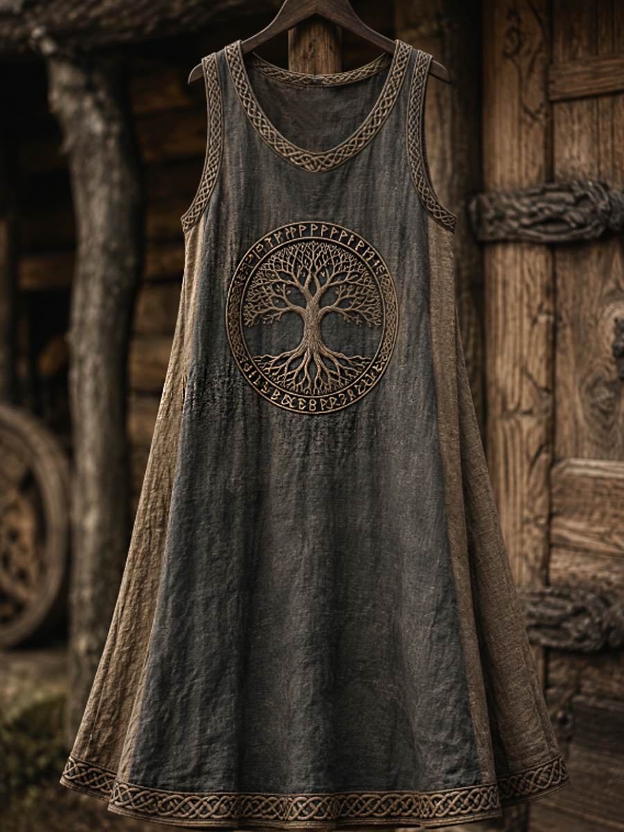 Kvinnlig vikinglivs-träd keltiskt konstlinneklänning