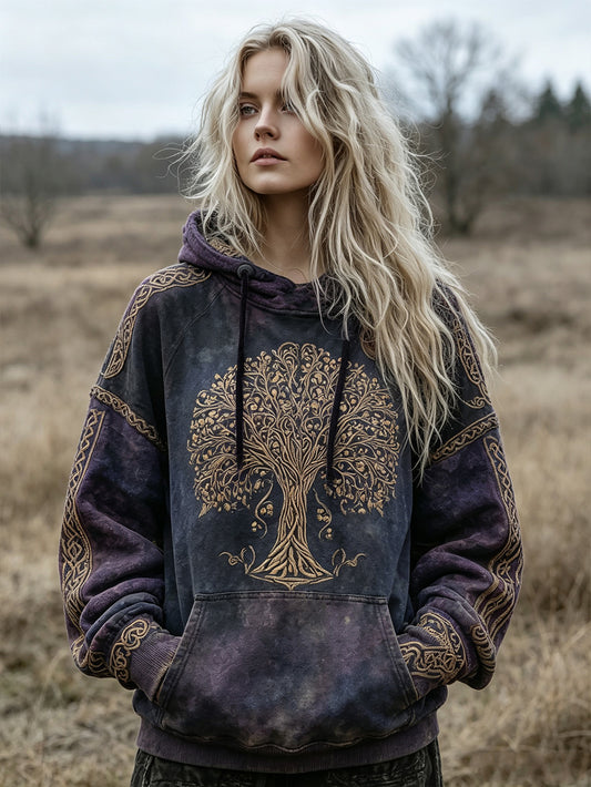 Kvinnlig avslappnad hoodie med retrotryck föreställande Vikingernas livsgran