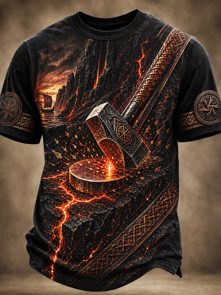 Casual T-shirt med Vintage Viking konst print