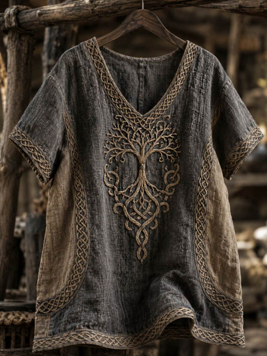 Kvinnlig vikinglivs-träd-keltisk konst-linnet-shirt med korta ärmar