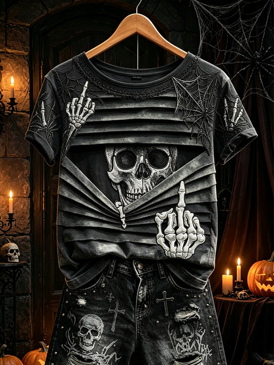 Kvinnors mörka gotiska skallmönster tryckt avslappnad kort ärm T-shirt