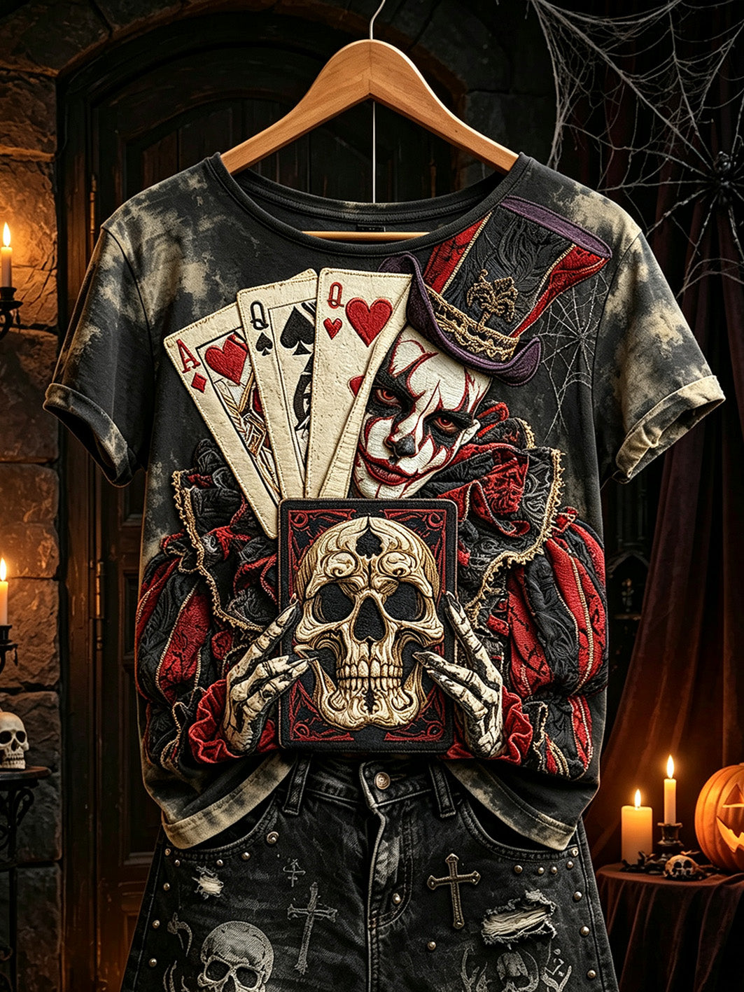 Kvinnors Retro gotiska pokerlement tryckta kort ärm T-shirt