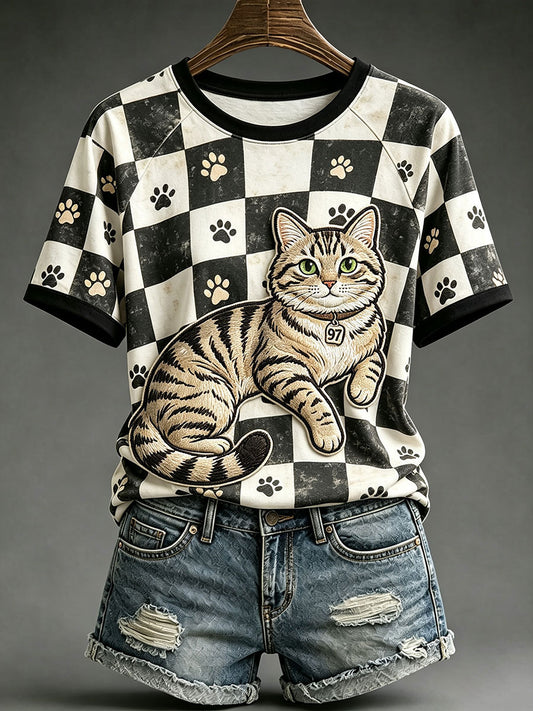 Kvinnors Vintage Svart och vit plaid katt utskrift T-shirts