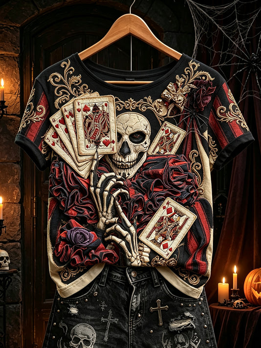 Dammens retrogotiska pokersymboler tryckta avslappnade kortärmad t-shirt