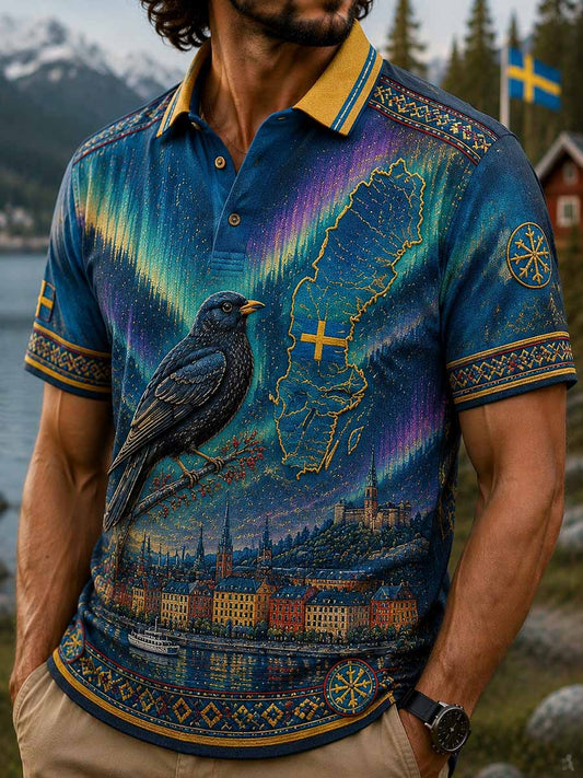 Mansvintagepolotröja med koltrastmönster