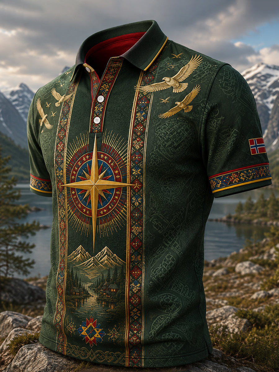 Polo-skjorte med kunsttrykk av mannlige norske samiske kulturelementer
