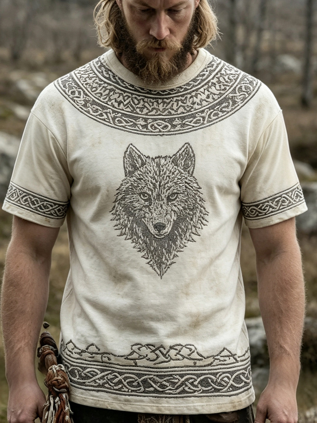 Herrlig retro-vikingatröja med vargansiktsmönster, tryckt på casual kortärmad t-shirt