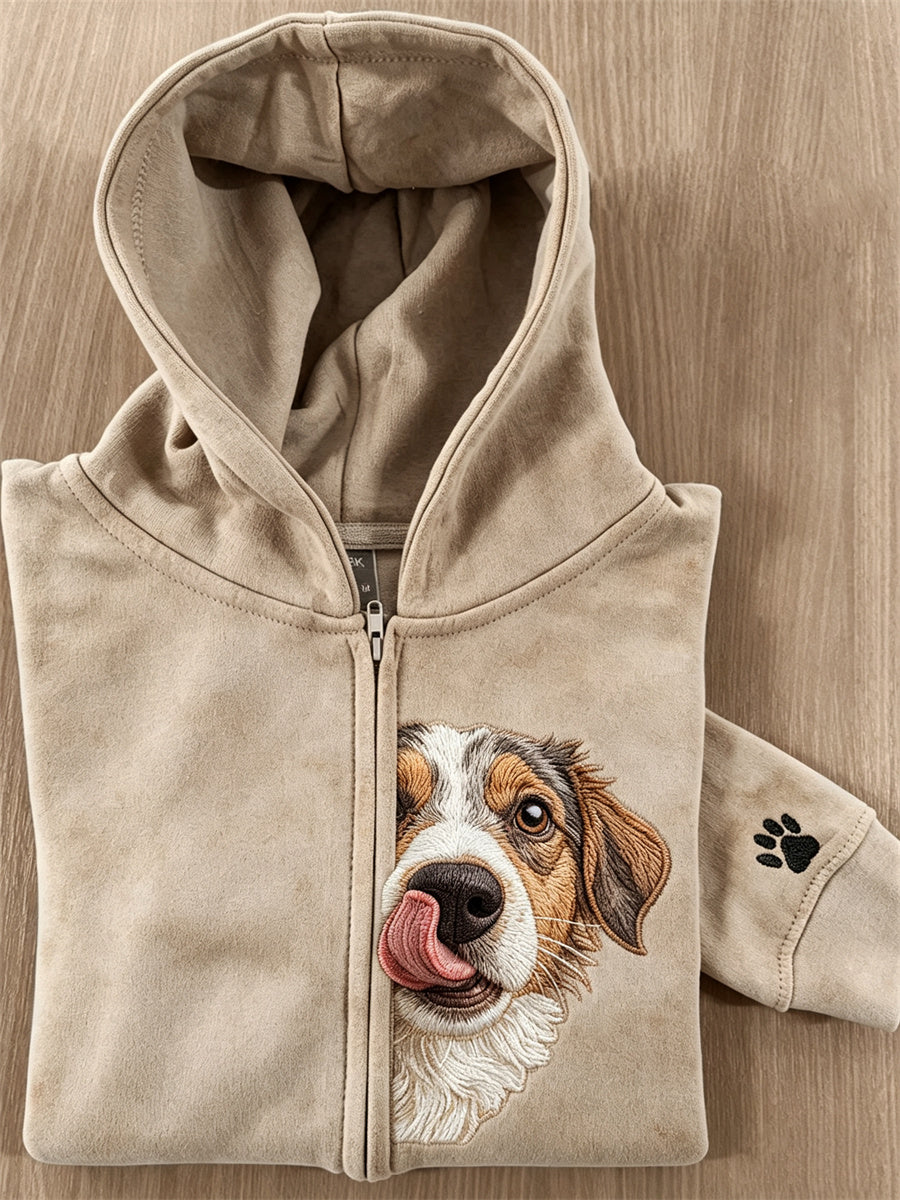 Kvinnors kikande fuzzy hund & tass Print Full Zip Hoodie Zip