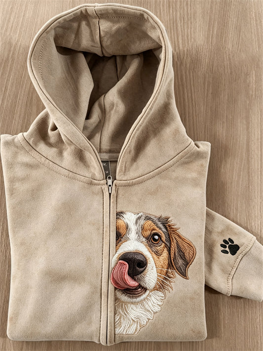 Kvinnors kikande fuzzy hund & tass Print Full Zip Hoodie Zip