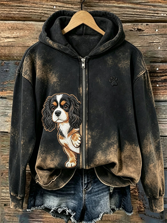 Kvinnors kikande kung Charles Dog & tass Print Full Zip Hoodie Zip