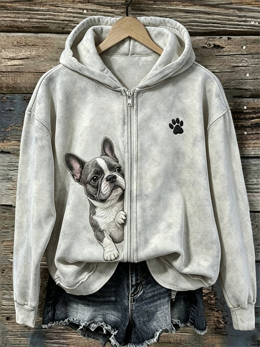 Kvinnors kikande franska Bulldog & Paw Print Full Zip Hoodie Zip