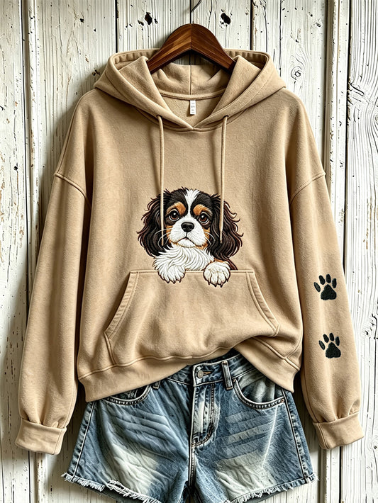 Kvinnors söta hund mönster tryckt avslappnad hoodie tryckt
