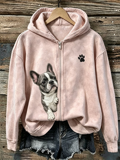 Kvinnors kikande franska Bulldog & Paw Print Full Zip Hoodie Zip