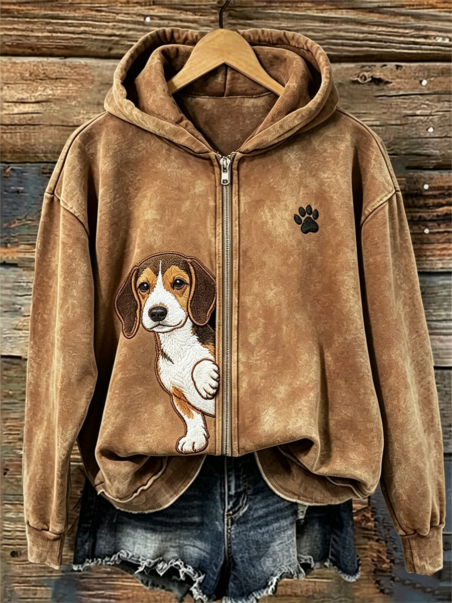 Kvinnors kikande Beagle Dog & Tass Print Full Zip Hoodie Zip