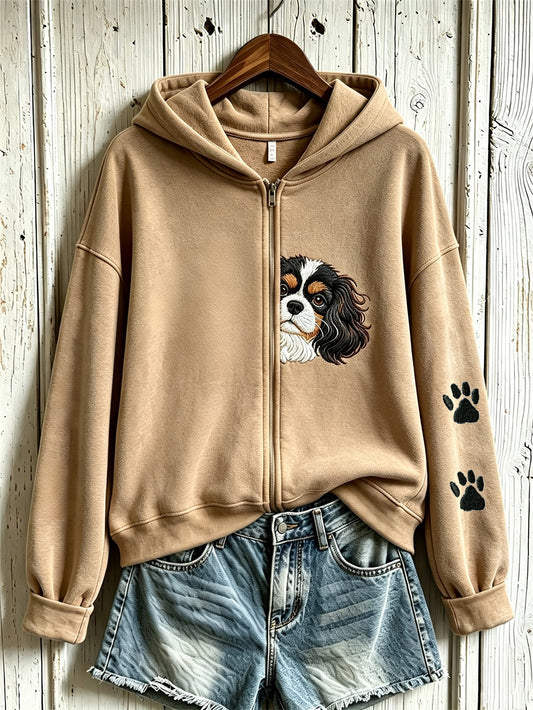 Kvinnors söta hund mönster tryckt Casual Zip-Up Hoodie.