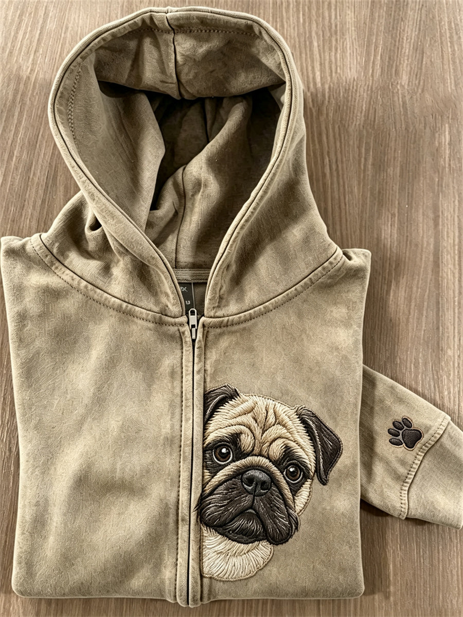 Kvinnors kikande Pug Dog & Tass Print Full Zip Hoodie Zip