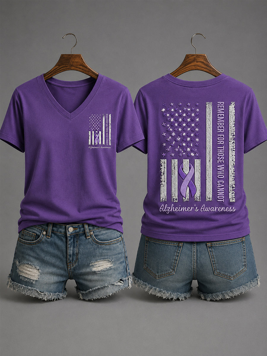 Kvinnors lila band minns för dem som inte kan USA Flag skriva ut Alzheimers medvetenhet Support V-Neck Te e
