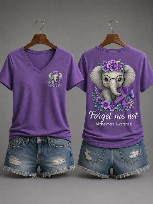 Kvinnors lila band Elefant Glöm inte Alzheimers medvetenhet Stöd V-Neck Tee