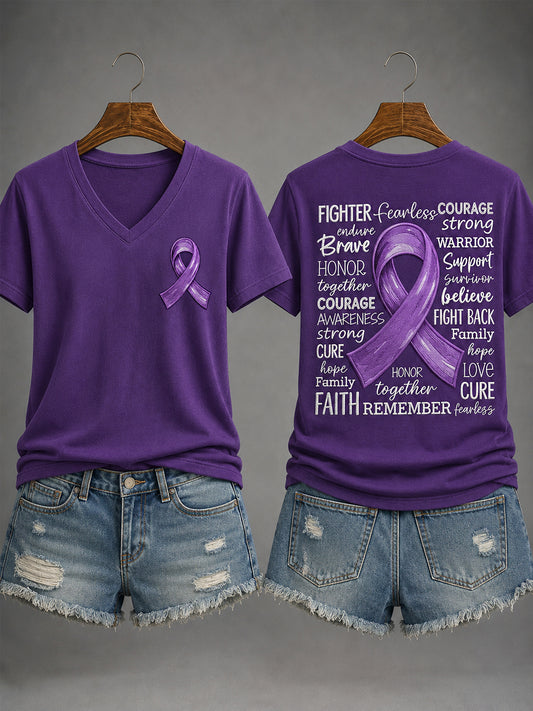 Kvinnors lila band Alzheimers medvetenhet Stöd V-Neck Tee
