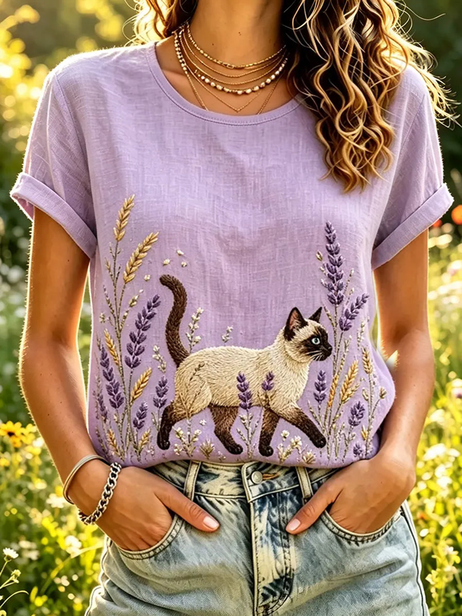 Kvinnors söt katt och lavendel Print Lin Short-T-shirt