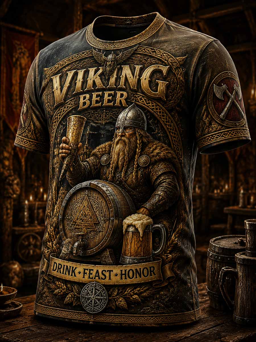 Mäns Vintage Viking öl konst mönster tryckt T-shirt