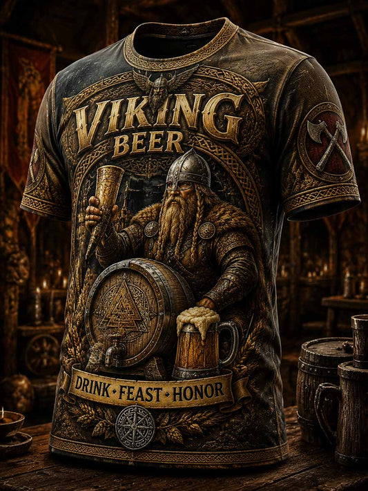 Mäns Vintage Viking öl konst mönster tryckt T-shirt