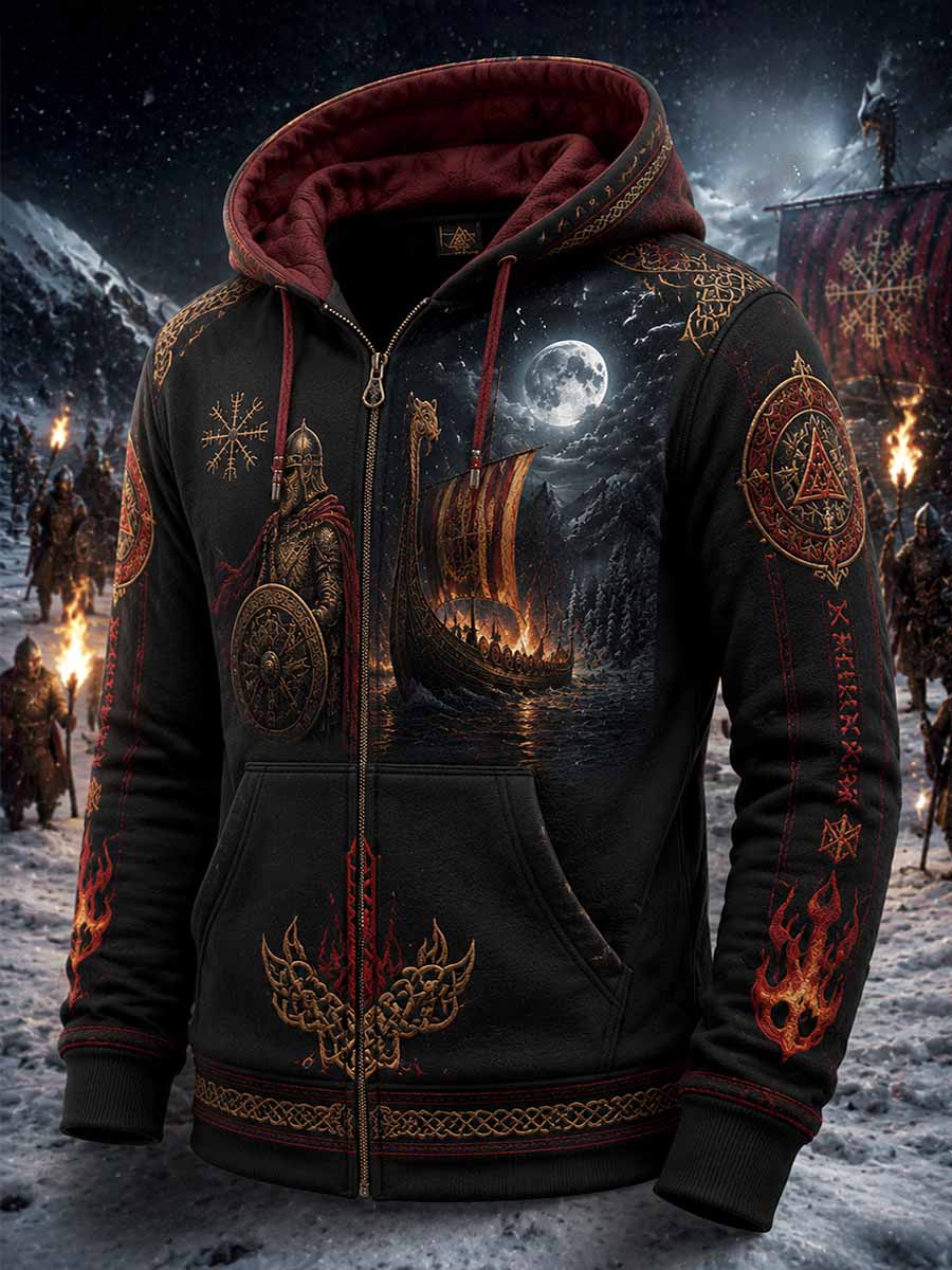 Mäns Vintage Viking mönster tryckt dragkedja Hoodie blixtlås