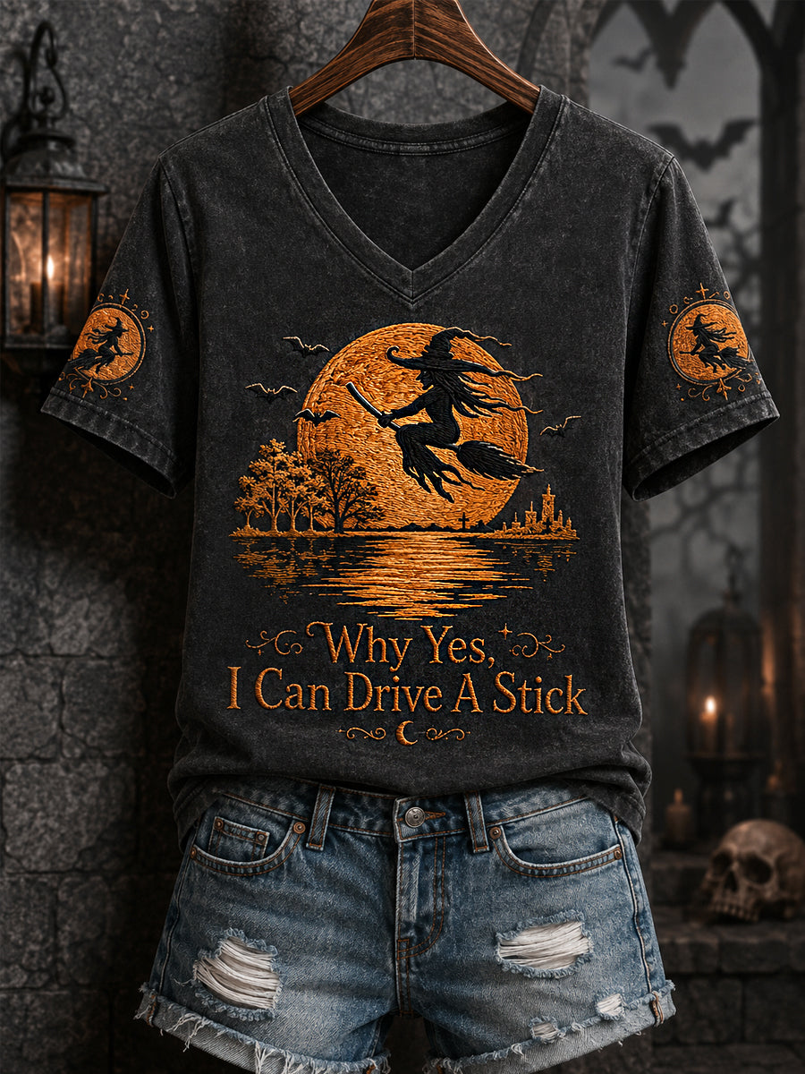 Kvinnors lustiga halloweenhäxa varför Ja, faktiskt kan jag köra en pinne Print Casual V-Neck Tee
