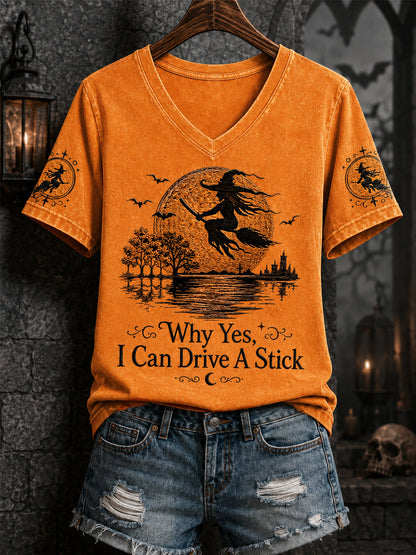 Kvinnors lustiga halloweenhäxa varför Ja, faktiskt kan jag köra en pinne Print Casual V-Neck Tee