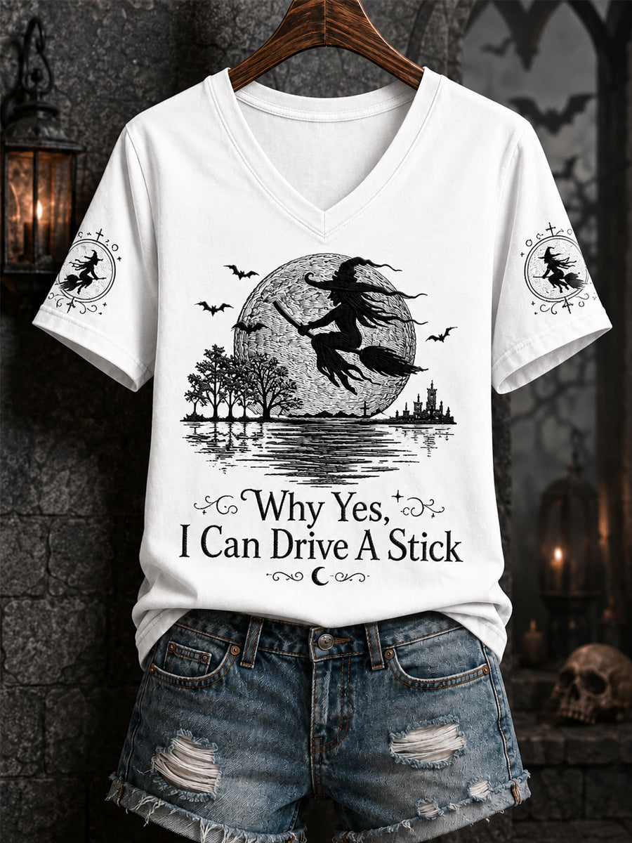 Kvinnors lustiga halloweenhäxa varför Ja, faktiskt kan jag köra en pinne Print Casual V-Neck Tee