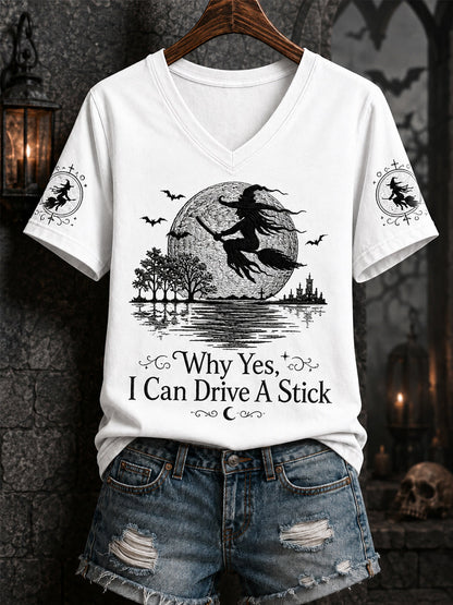 Kvinnors lustiga halloweenhäxa varför Ja, faktiskt kan jag köra en pinne Print Casual V-Neck Tee