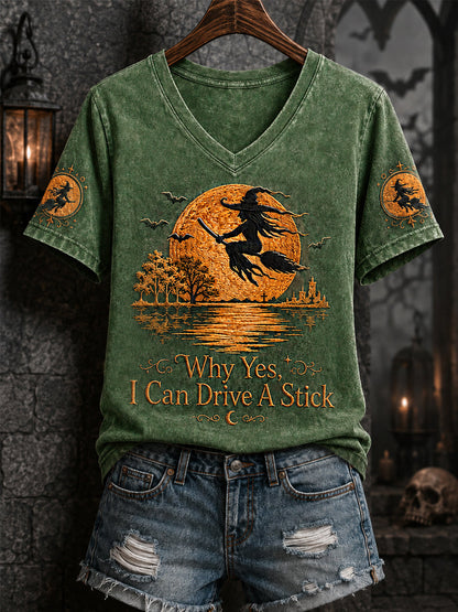 Kvinnors lustiga halloweenhäxa varför Ja, faktiskt kan jag köra en pinne Print Casual V-Neck Tee