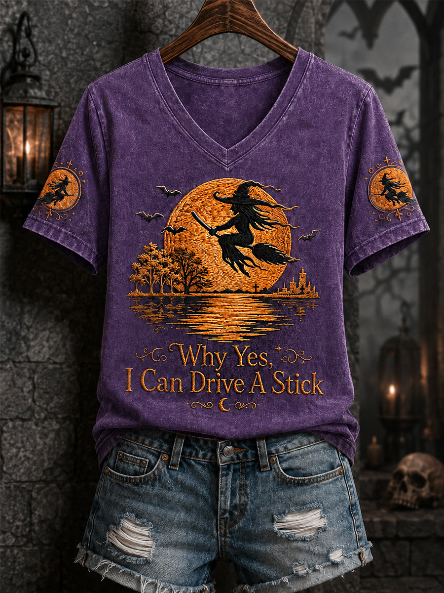 Kvinnors lustiga halloweenhäxa varför Ja, faktiskt kan jag köra en pinne Print Casual V-Neck Tee