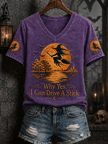 Kvinnors lustiga halloweenhäxa varför Ja, faktiskt kan jag köra en pinne Print Casual V-Neck Tee
