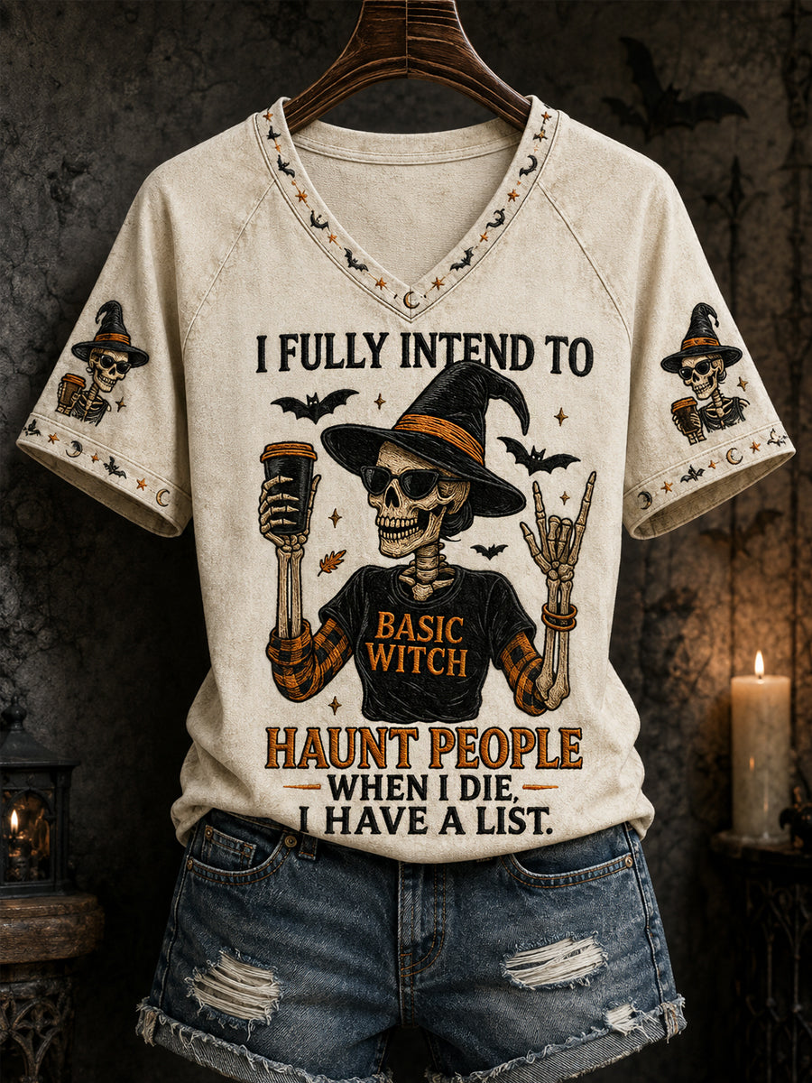 Kvinnors roliga Halloween Skull häxa Print Casual V-Hack Tee