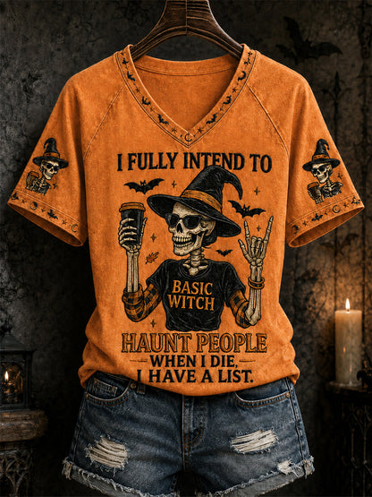 Kvinnors roliga Halloween Skull häxa Print Casual V-Hack Tee