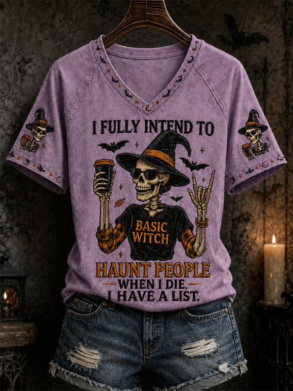 Kvinnors roliga Halloween Skull häxa Print Casual V-Hack Tee