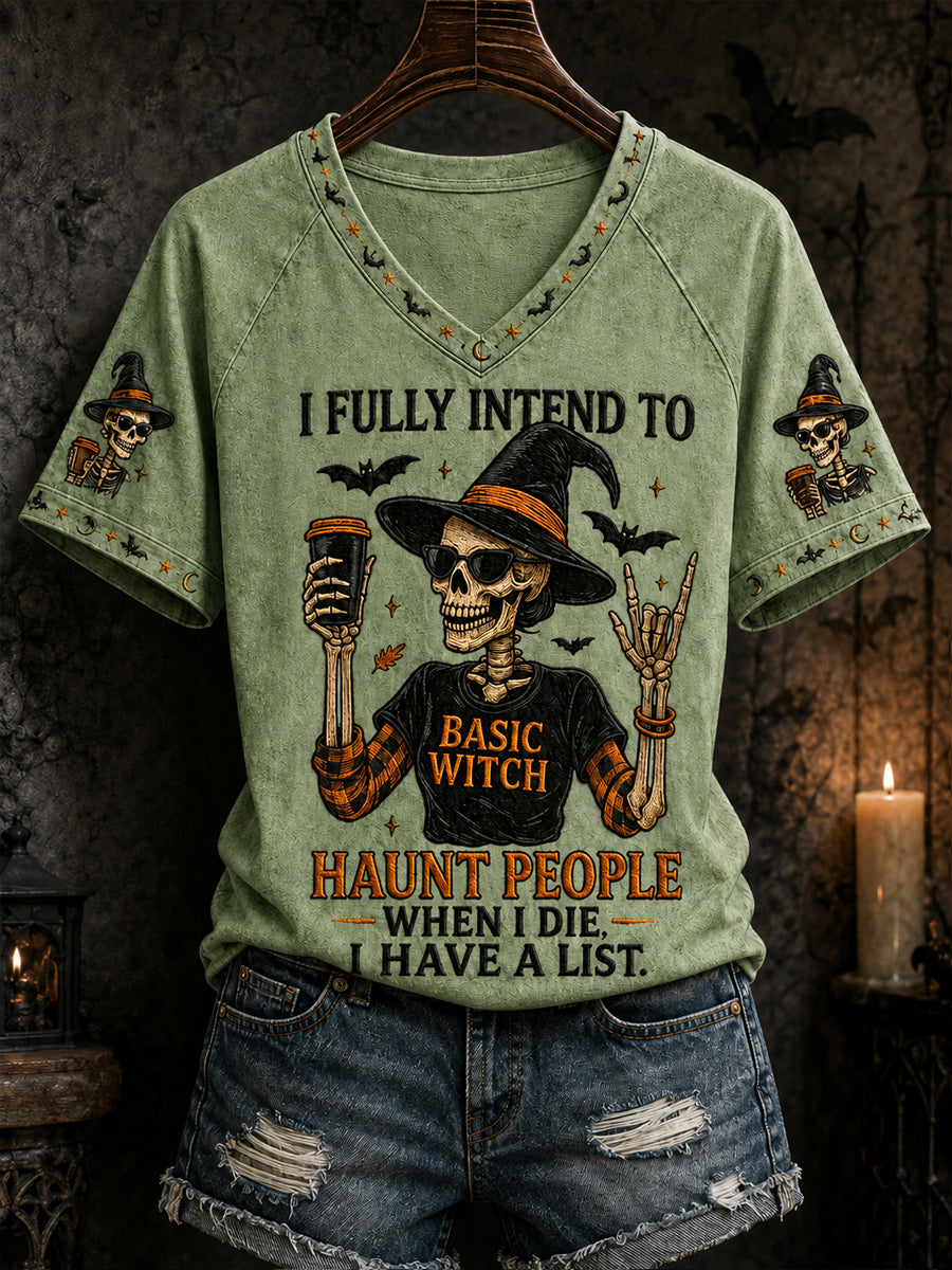 Kvinnors roliga Halloween Skull häxa Print Casual V-Hack Tee
