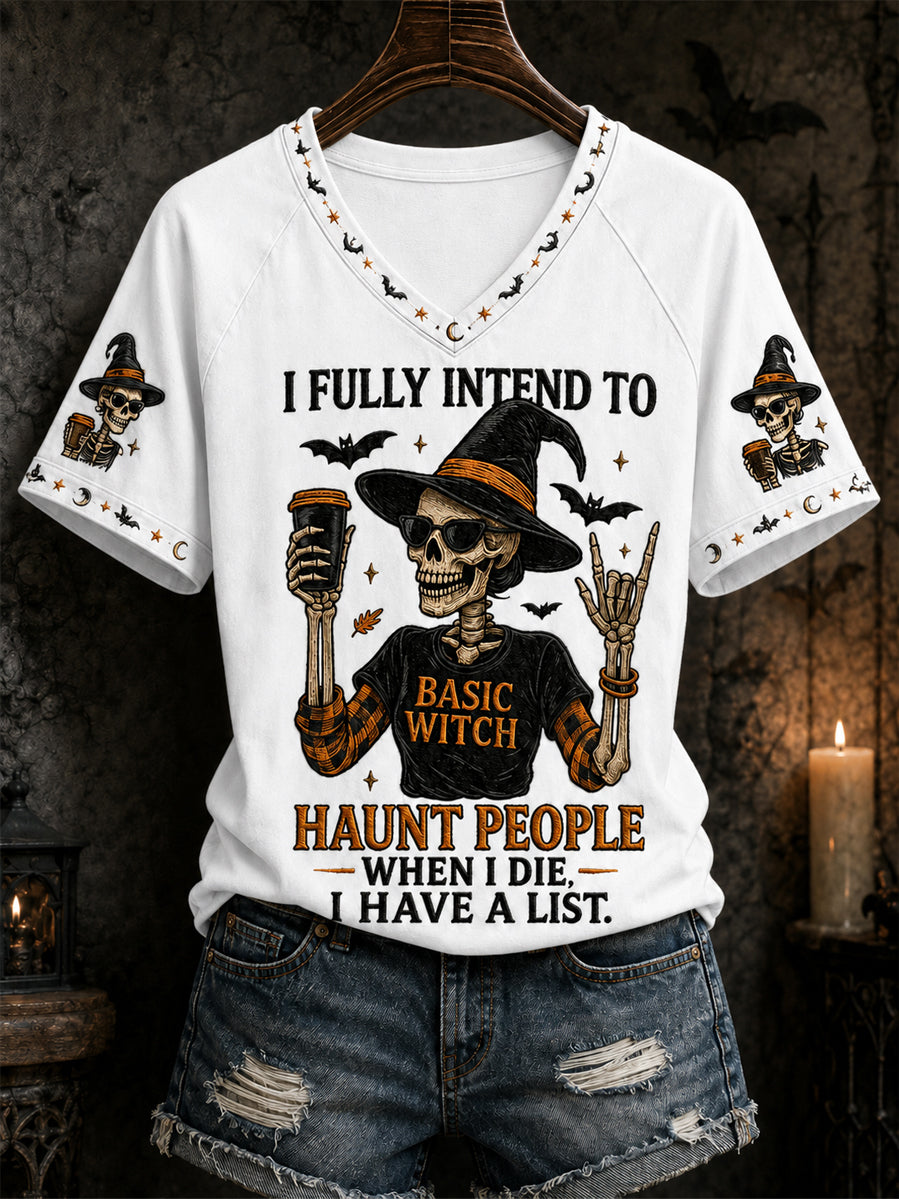 Kvinnors roliga Halloween Skull häxa Print Casual V-Hack Tee