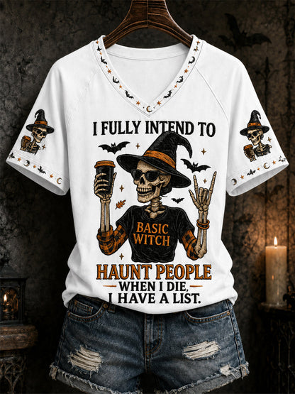 Kvinnors roliga Halloween Skull häxa Print Casual V-Hack Tee