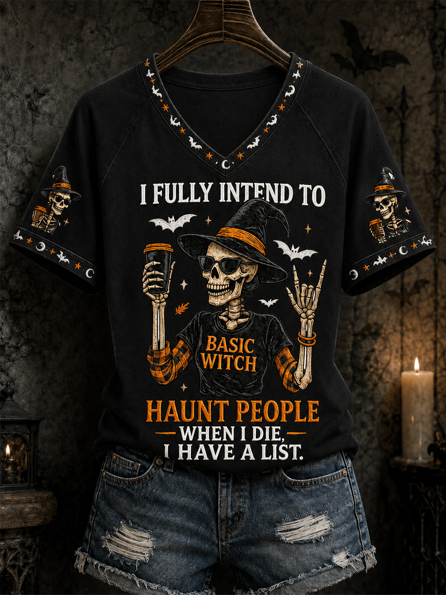 Kvinnors roliga Halloween Skull häxa Print Casual V-Hack Tee